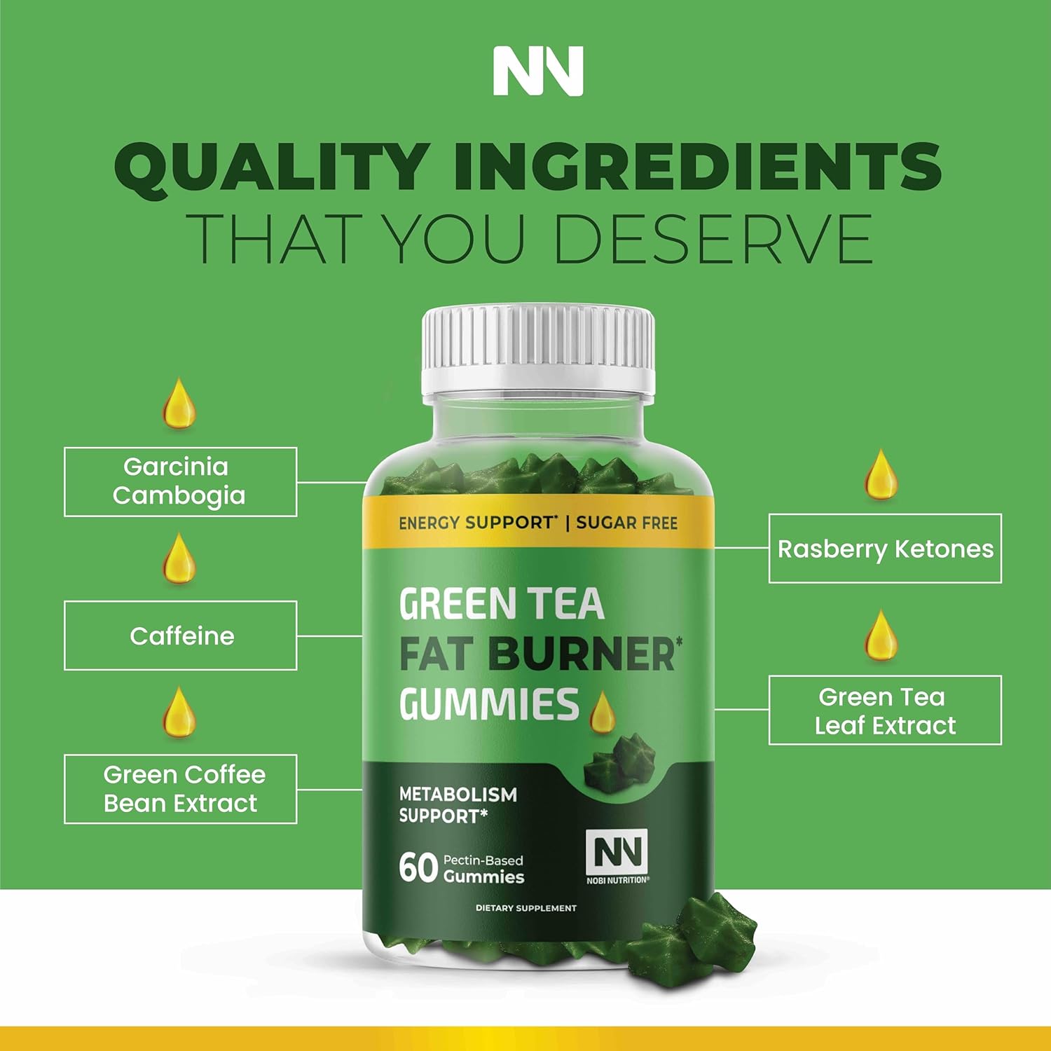 Nobi Nutrition Green Tea Fat Burner Gummies for Weight Loss | Metabolism Boost & Appetite Suppressant with Green Coffee Bean and Garcinia Cambogia | Pills to Burn Belly Fat for Women & Men - Image 4