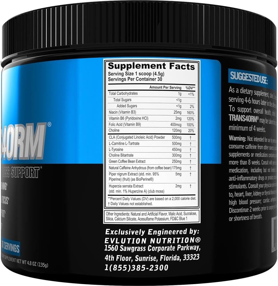 Evlution Thermogenic Fat Burning Support Powder Nutrition Trans4orm Fast Acting Energy Powder to Support Fast Metabolism Weight Loss and Mental Focus with CLA Carnitine and Alpha GPC - Blue Raz - Image 3