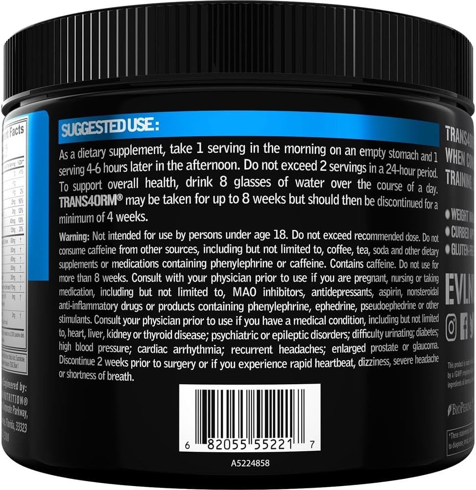 Evlution Thermogenic Fat Burning Support Powder Nutrition Trans4orm Fast Acting Energy Powder to Support Fast Metabolism Weight Loss and Mental Focus with CLA Carnitine and Alpha GPC - Blue Raz - Image 4