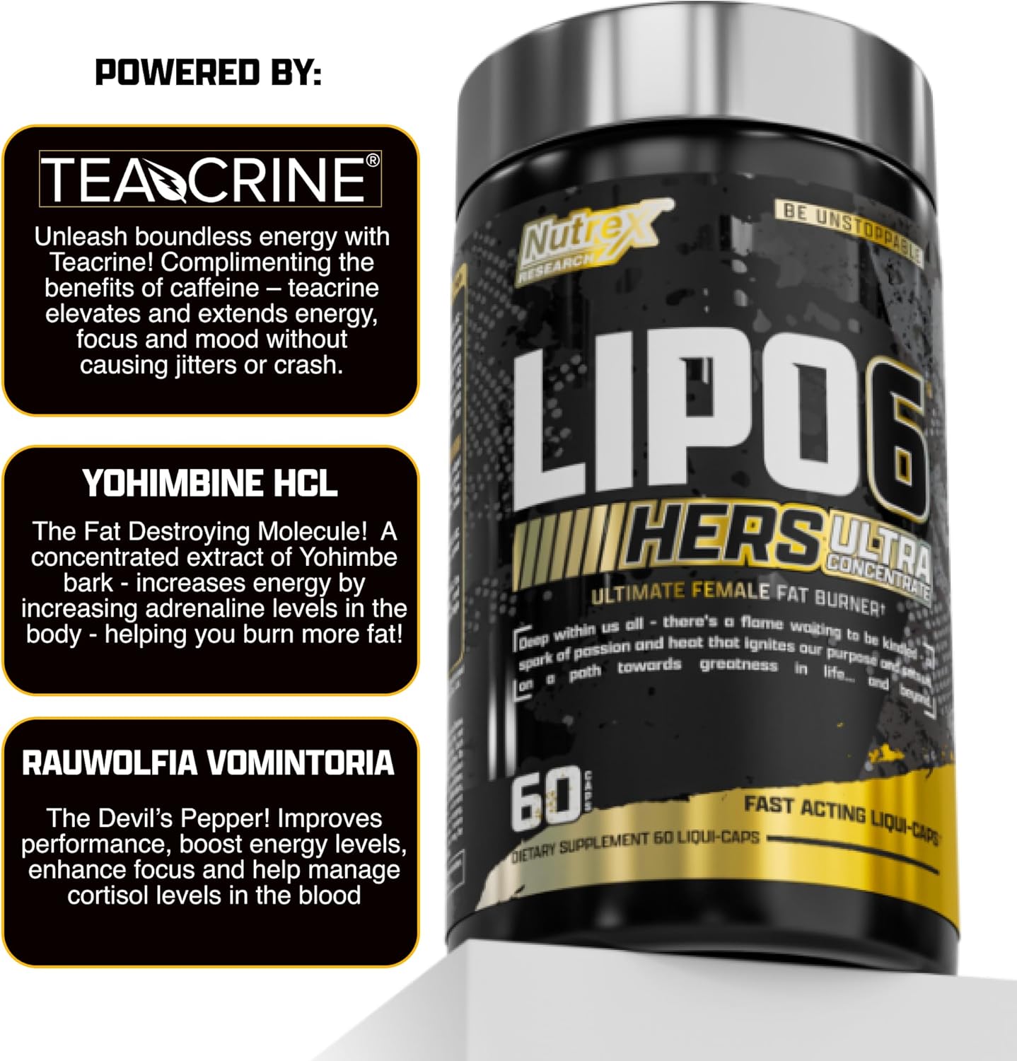 Nutrex Research Lipo-6 Black Hers Ultra Concentrate | Weight Loss Pills for Women | Fat Burner, Appetite Suppressant, Metabolism Booster for Weight Loss + Hair, Skin, & Nails Support | 60 Diet Pills - Image 4
