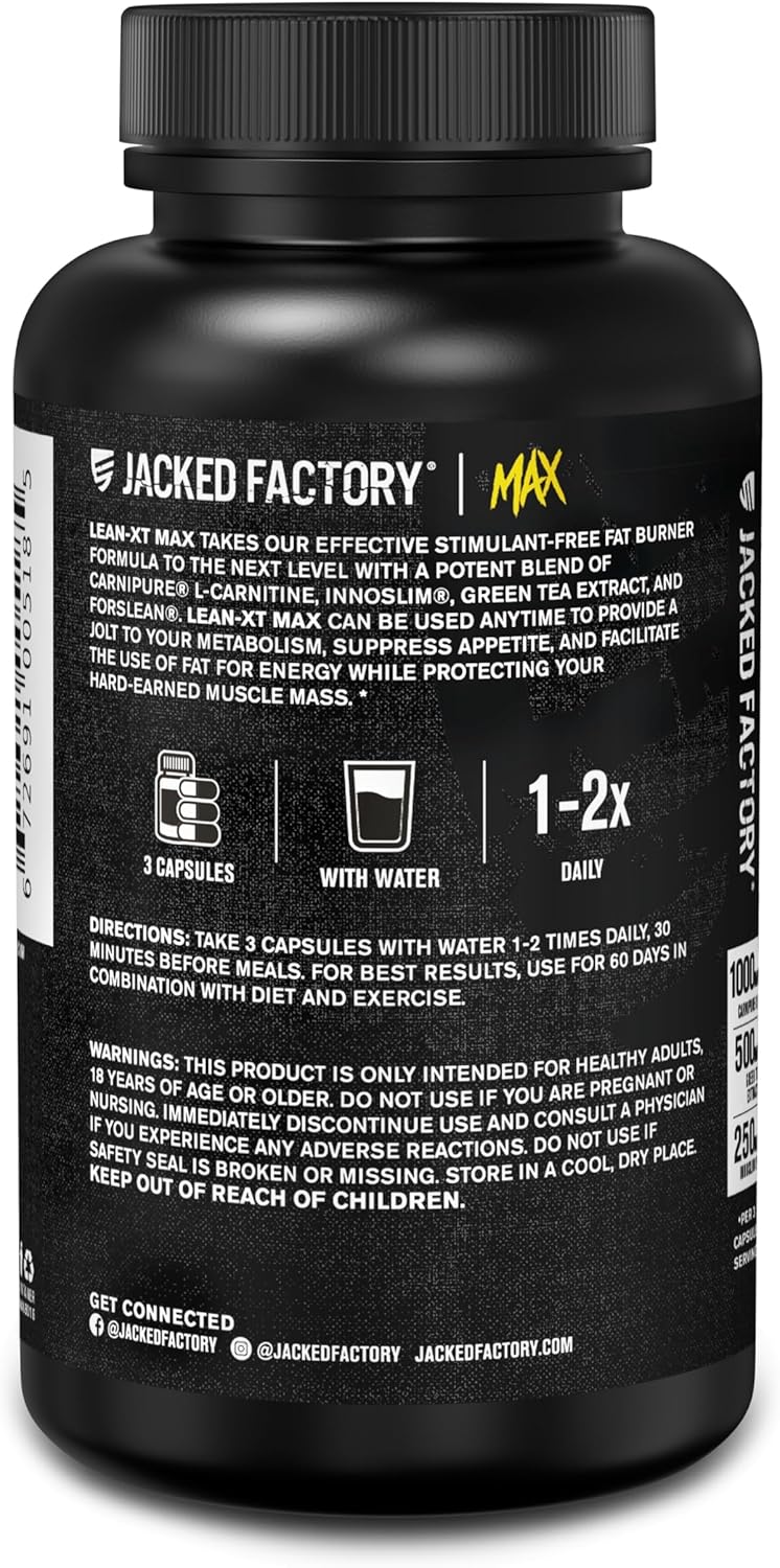 Jacked Factory Lean-XT Max - High-Performance Stim-Free Fat Burner with Carnipure, Green Tea Extract, InnoSlim, & ForsLean for Increased Metabolism, Weight Loss, & Appetite Suppression - 90 Count - Image 9