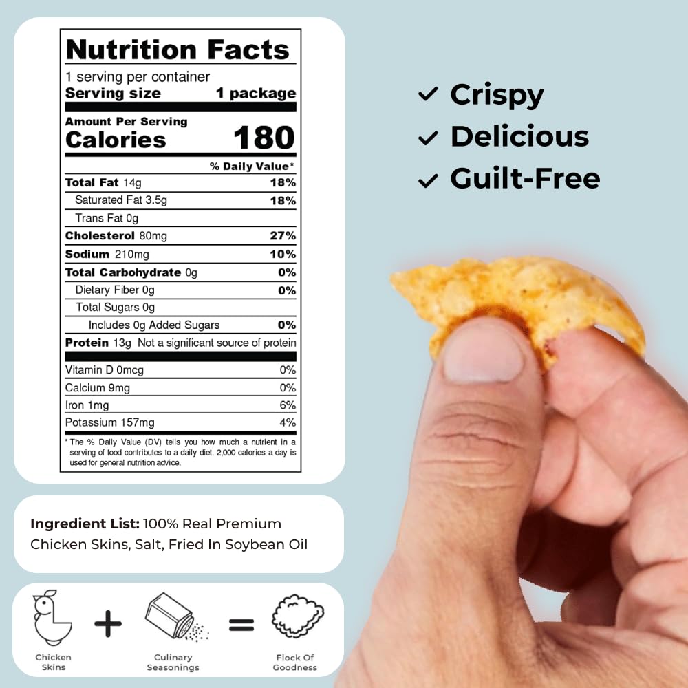 Flock Keto Chicken Skin Chips | Original Flavor | Low Carb, High Protein, Sugar Free, Gluten Free Fried Chicken Skins for People | (1oz) 8-Pack Crispy Flock Chips - Image 4