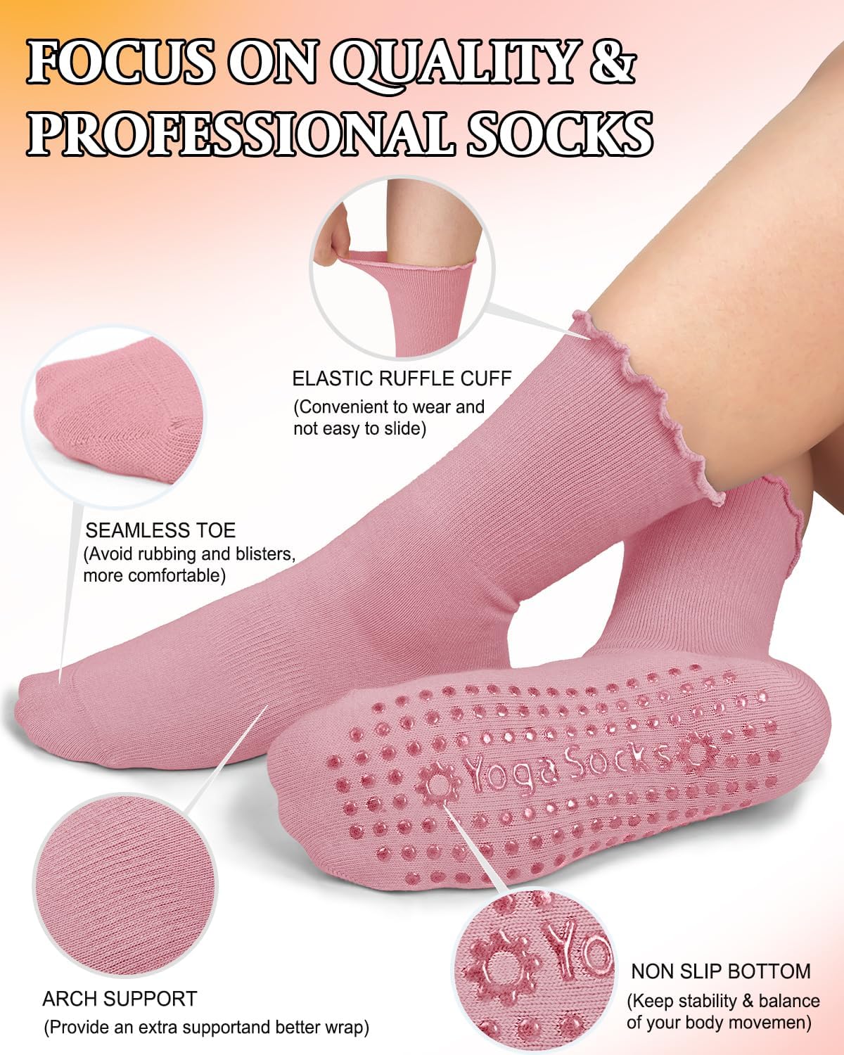 yeuG 4 Pairs Non Slip Pilates Socks with Grips for Women, Crew Grip Socks for Yoga, Barre, Hospital, Barefoot Workout - Image 4