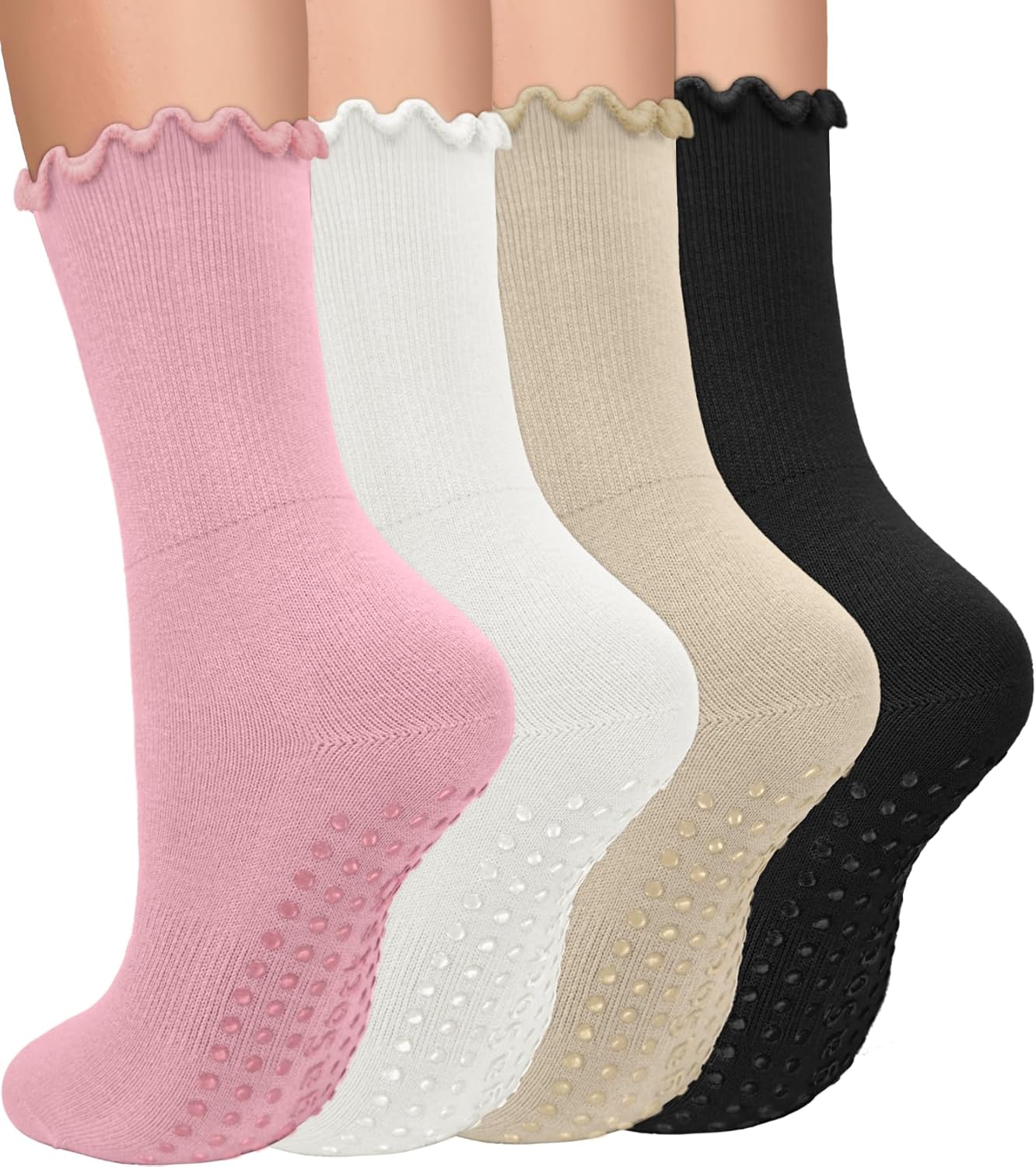 yeuG 4 Pairs Non Slip Pilates Socks with Grips for Women, Crew Grip Socks for Yoga, Barre, Hospital, Barefoot Workout - Image 2