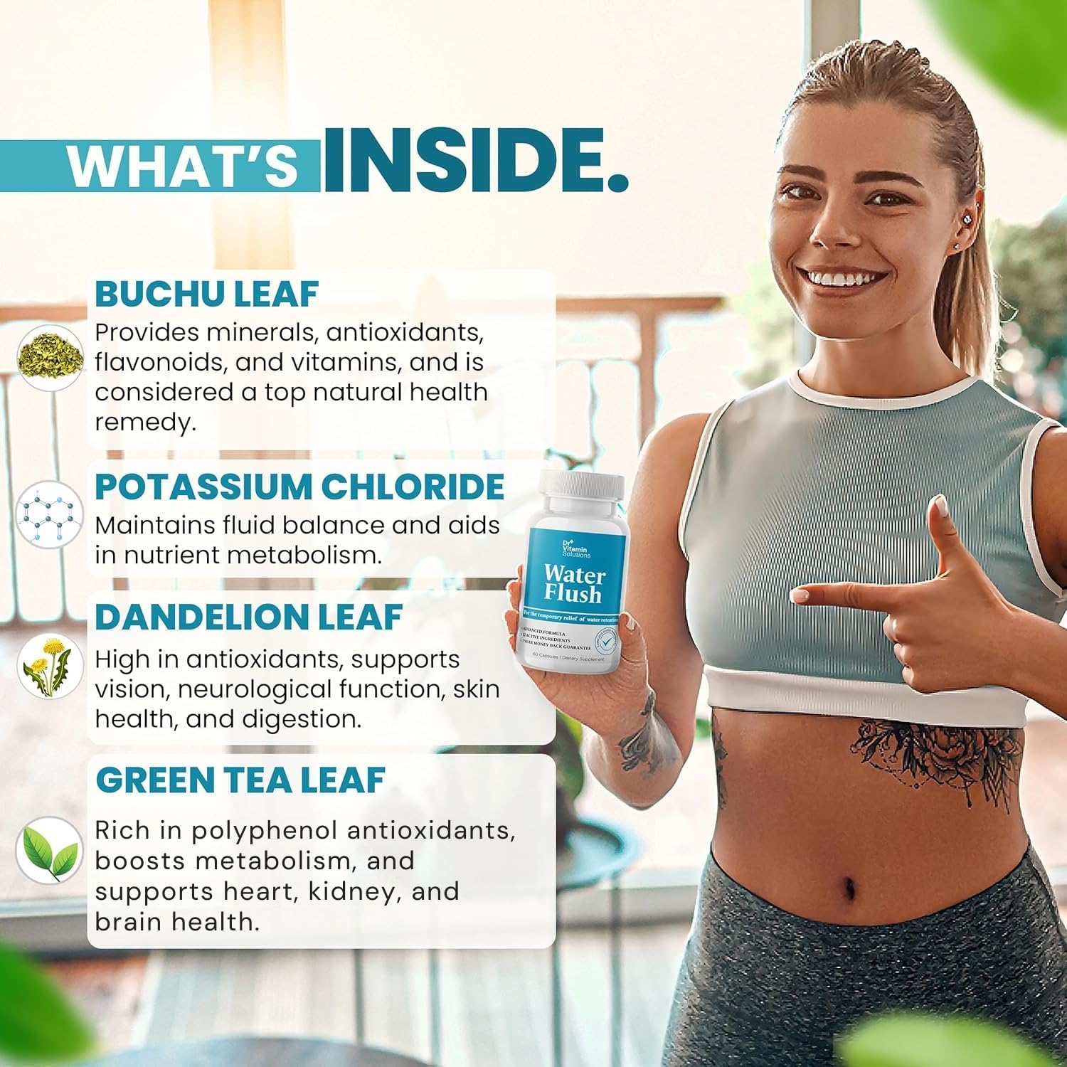 Diuretic Water Pills for Weight Control, 12 Active Ingredients (Green Tea, Cranberry & More), Instant Relief from Bloat & Swelling, Water Retention Pills for Women & Men - 60 Caps - Image 4