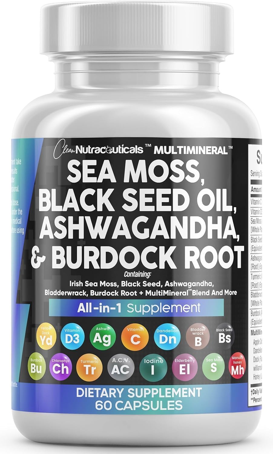 Clean Nutraceuticals Sea Moss Black Seed Oil Ashwagandha Turmeric Bladderwrack Burdock & Vitamin C Vitamin D3 with Elderberry Manuka Dandelion Yellow Dock Iodine Chlorophyll ACV - Image 2