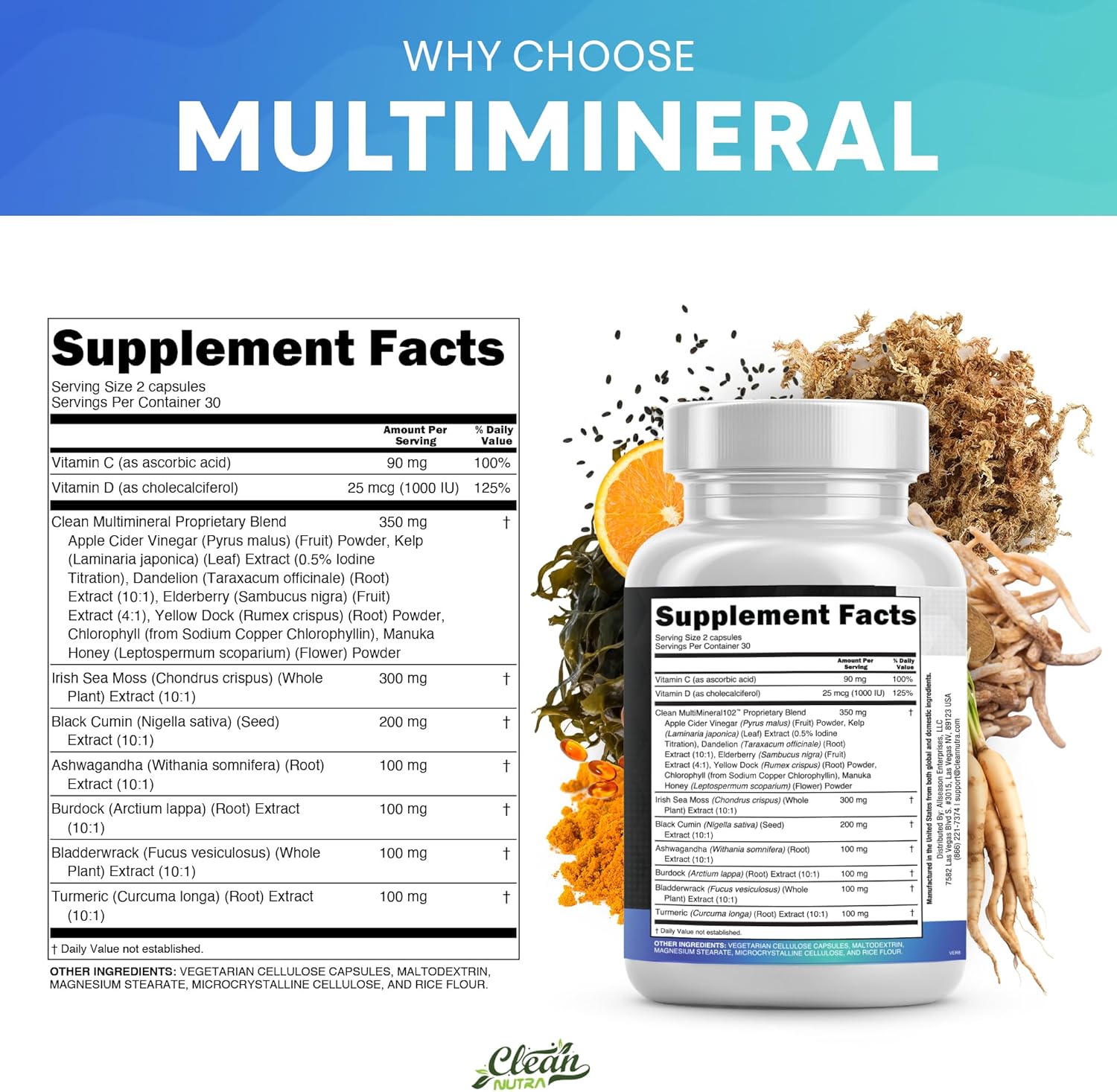 Clean Nutraceuticals Sea Moss Black Seed Oil Ashwagandha Turmeric Bladderwrack Burdock & Vitamin C Vitamin D3 with Elderberry Manuka Dandelion Yellow Dock Iodine Chlorophyll ACV - Image 5