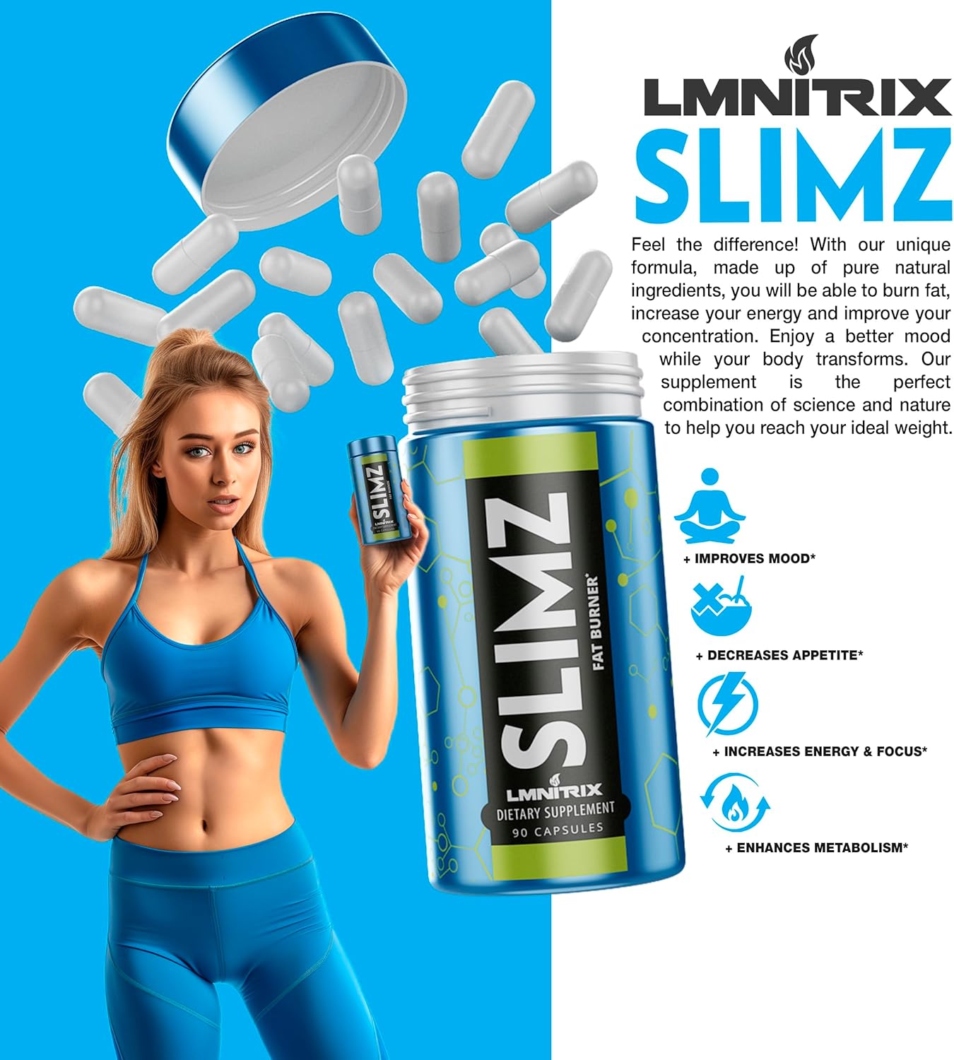 SLIMZ Fat Burner & Mood Enhancer - Diet Pills That Work - Weight Loss Supplement - Lose Weight, Get Rid of Stress and Take Control of Your Wellness Journey - 90 Capsules - Image 5