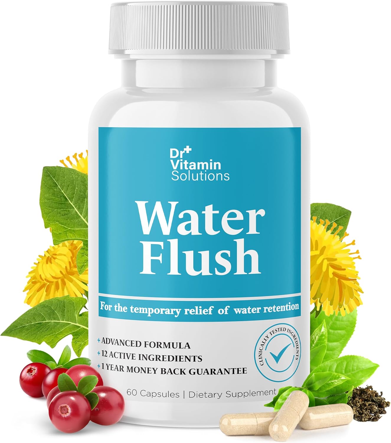 Diuretic Water Pills for Weight Control, 12 Active Ingredients (Green Tea, Cranberry & More), Instant Relief from Bloat & Swelling, Water Retention Pills for Women & Men - 60 Caps - Image 2