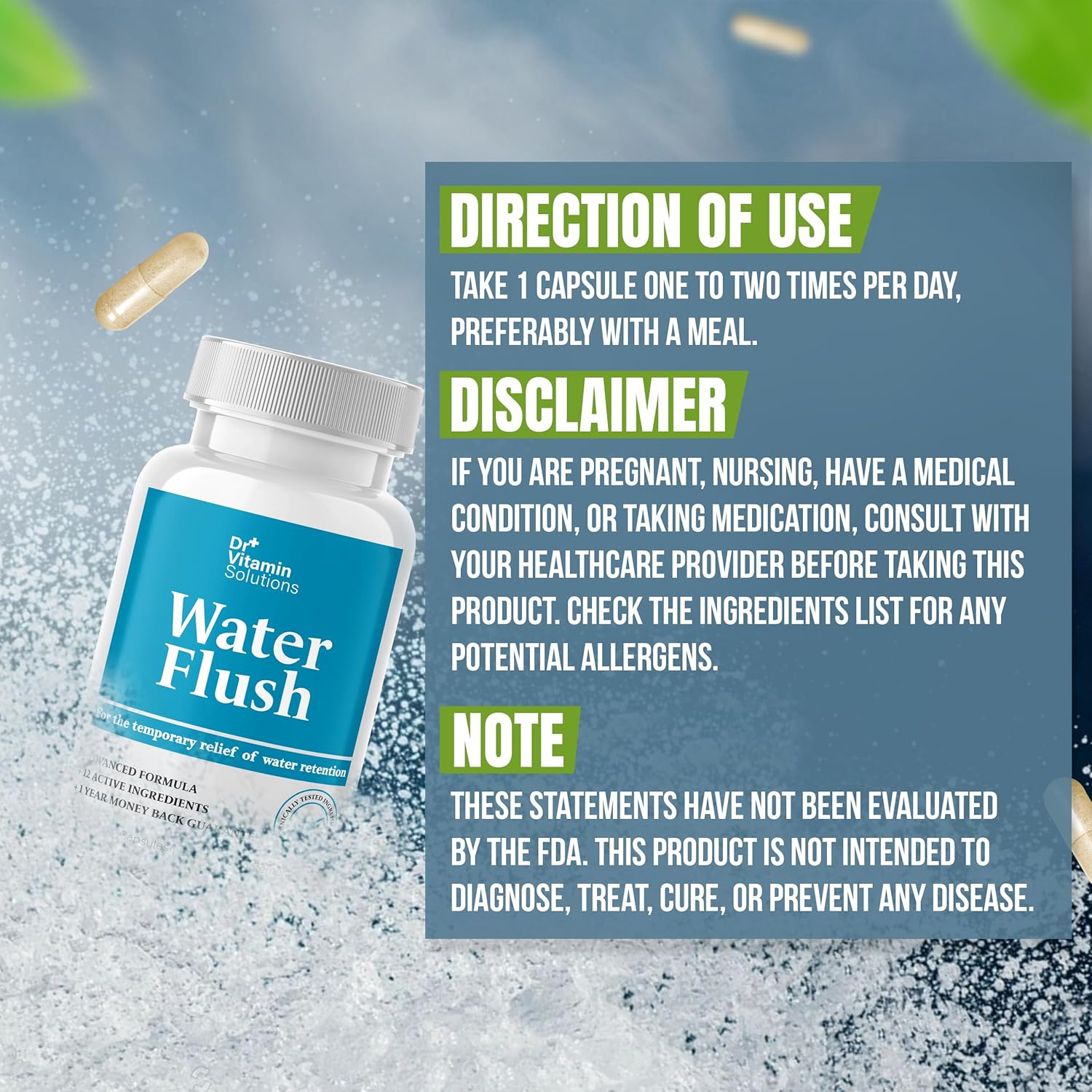 Diuretic Water Pills for Weight Control, 12 Active Ingredients (Green Tea, Cranberry & More), Instant Relief from Bloat & Swelling, Water Retention Pills for Women & Men - 60 Caps - Image 9