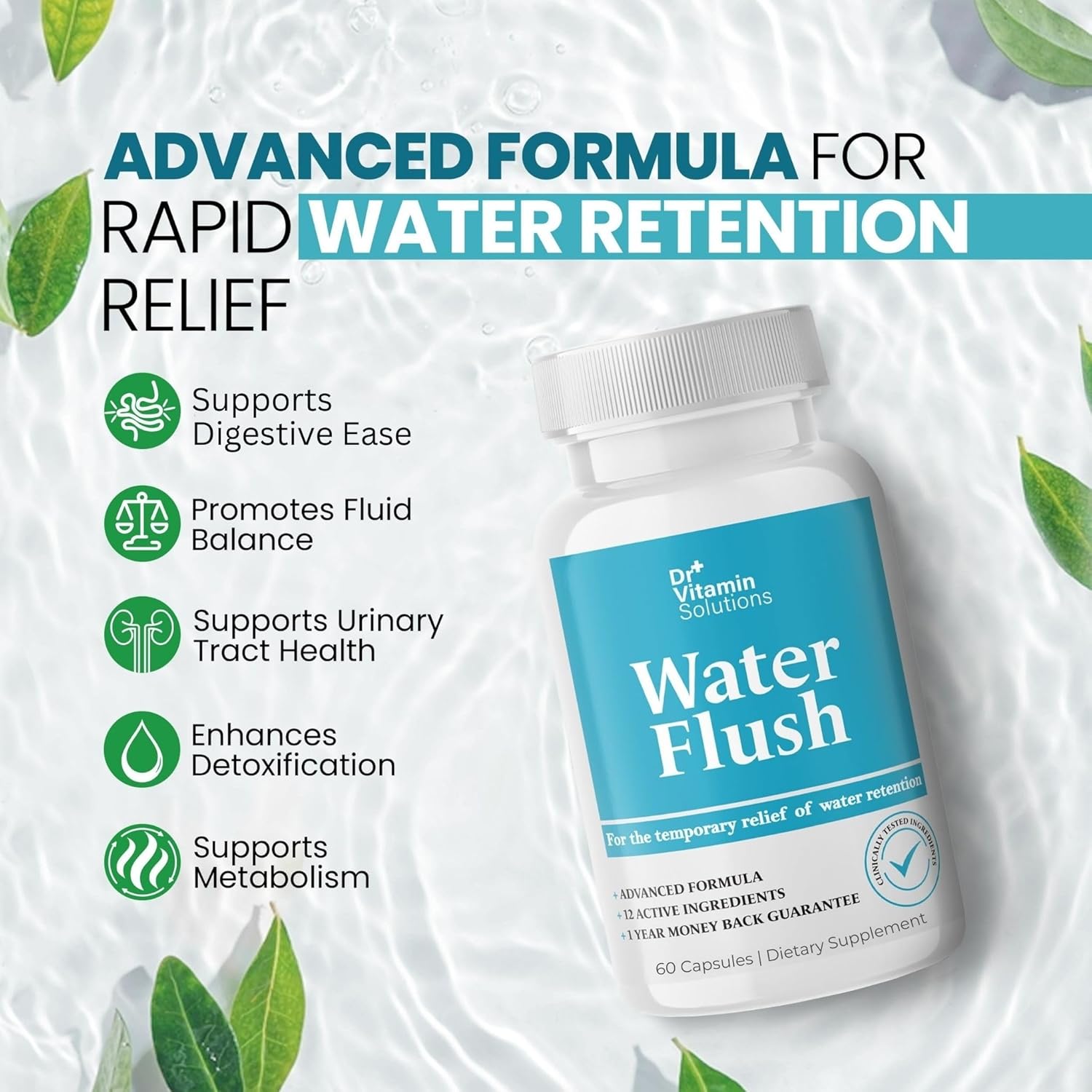 Diuretic Water Pills for Weight Control, 12 Active Ingredients (Green Tea, Cranberry & More), Instant Relief from Bloat & Swelling, Water Retention Pills for Women & Men - 60 Caps - Image 6
