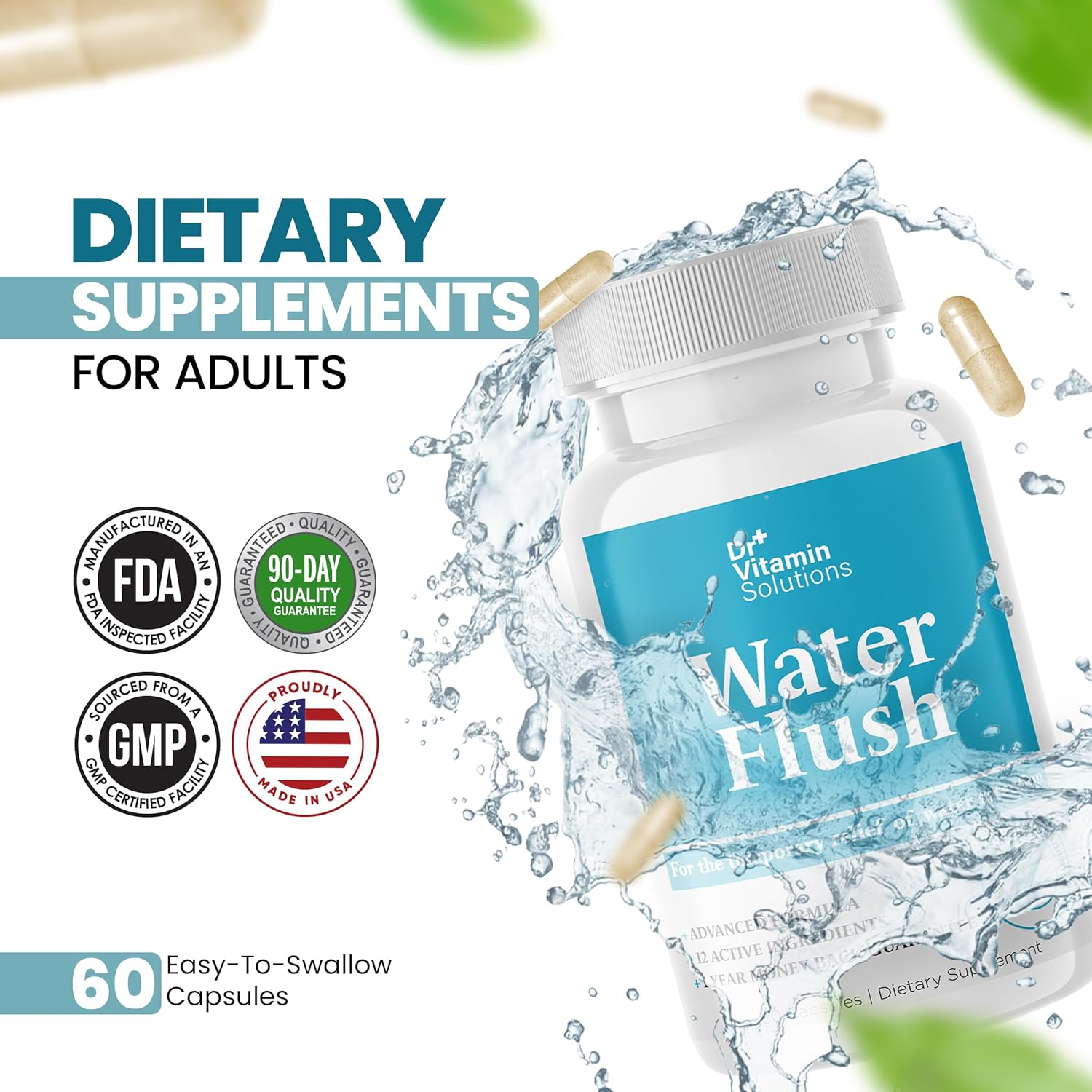 Diuretic Water Pills for Weight Control, 12 Active Ingredients (Green Tea, Cranberry & More), Instant Relief from Bloat & Swelling, Water Retention Pills for Women & Men - 60 Caps - Image 3