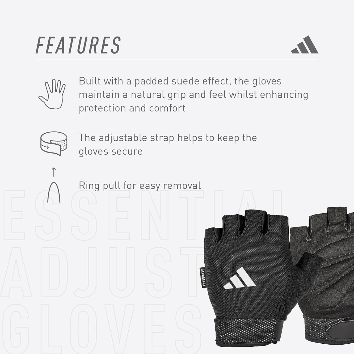 adidas Essential Weightlifting Gloves, Adjustable Fingerless Workout Gloves - Image 8