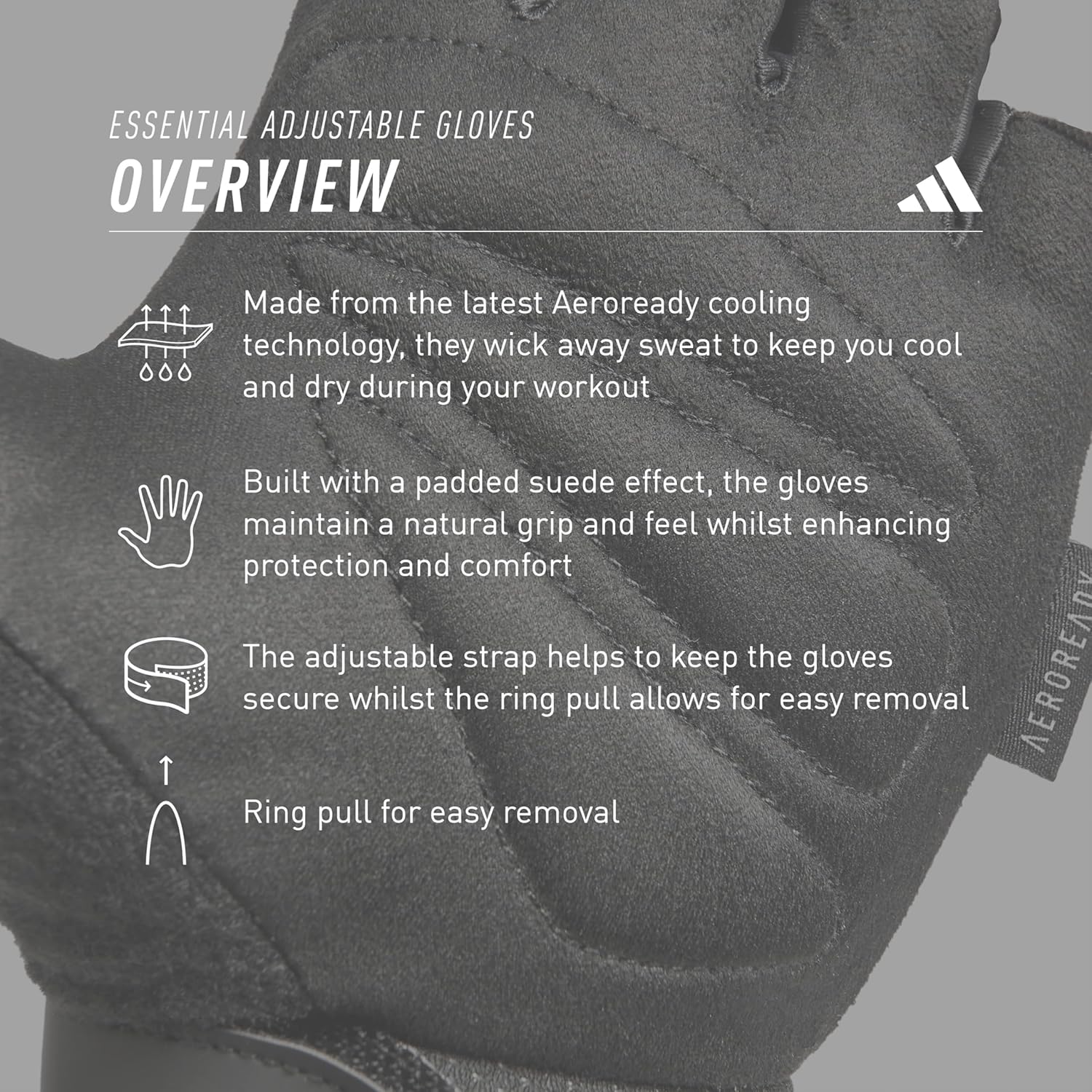 adidas Essential Weightlifting Gloves, Adjustable Fingerless Workout Gloves - Image 6